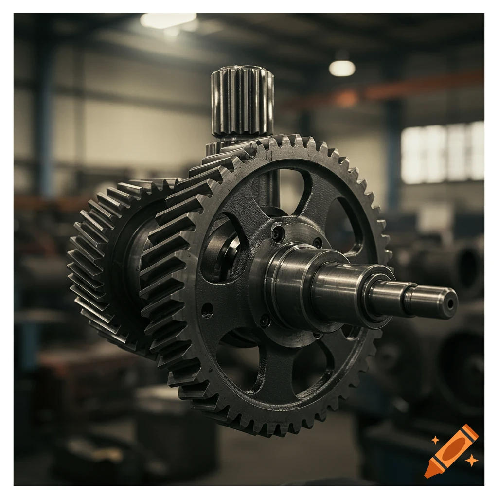 Detailed photo of metal gears and shaft in a workshop