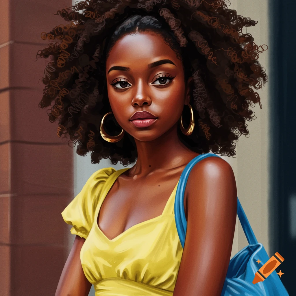 A young Black woman with curly hair, wearing a yellow dress, carrying a blue bag.