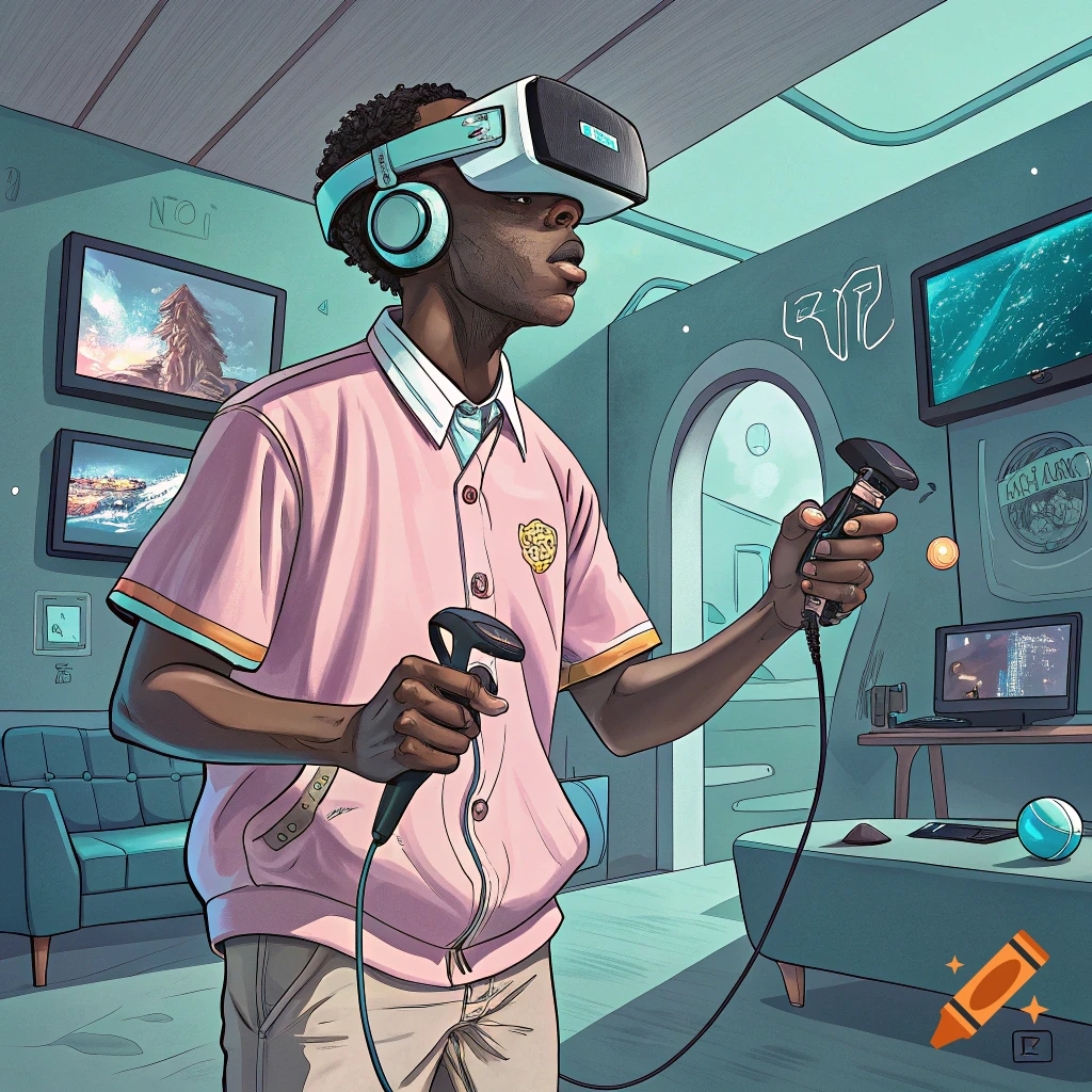 Stylized illustration of a person wearing a VR headset and holding controllers in a room.