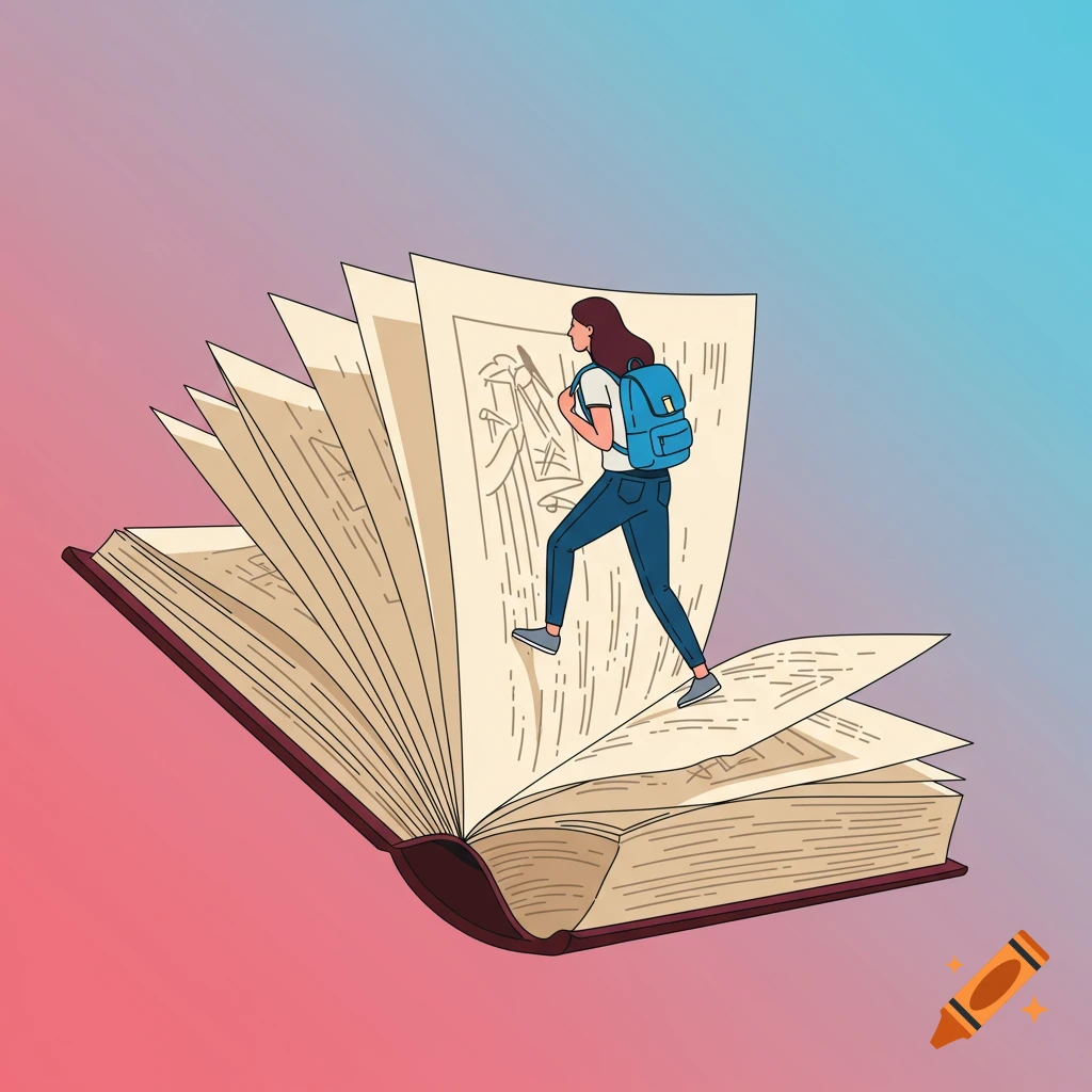 An illustration of a woman with a backpack walking on the pages of a large open book.