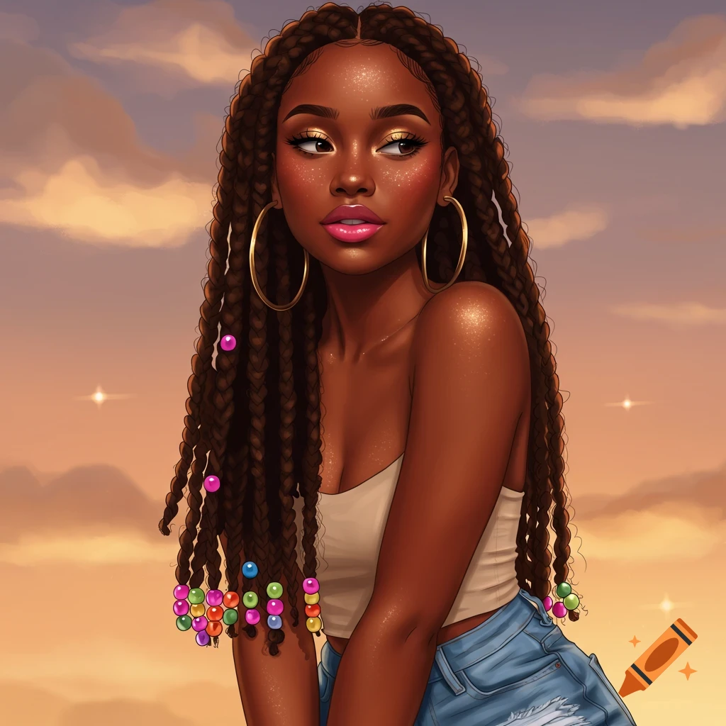 A young woman with braids and beads is shown against a sunset sky.