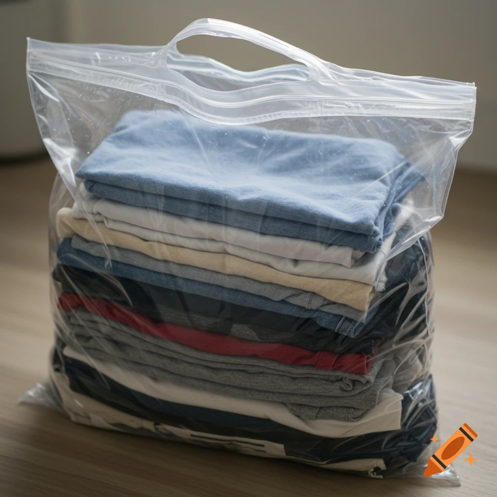 Folded laundry in a clear plastic bag