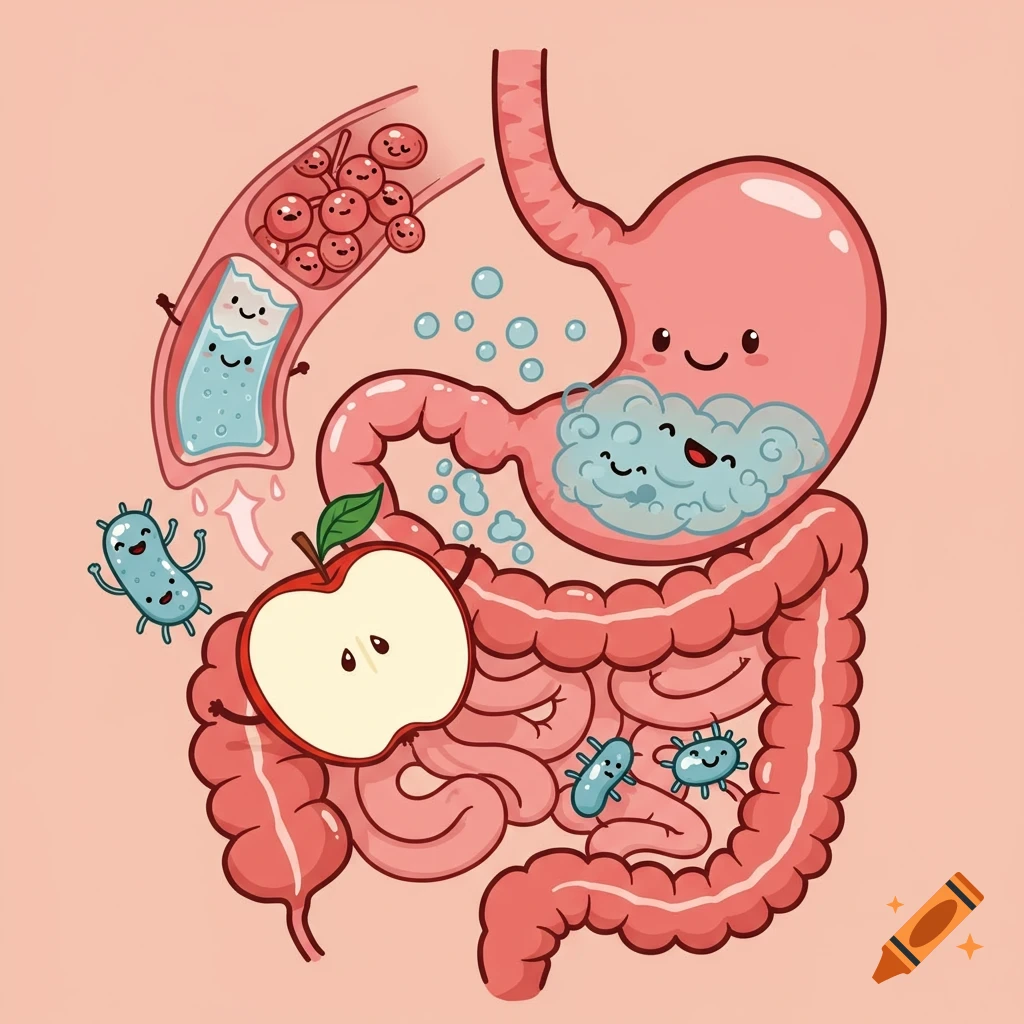 Cartoon illustration of an apple slice entering a smiling digestive system with friendly microbes and blood cells.