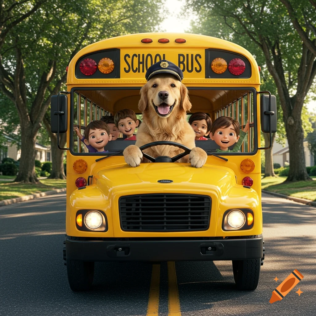 A golden retriever drives a yellow school bus filled with smiling children in a realistic style.