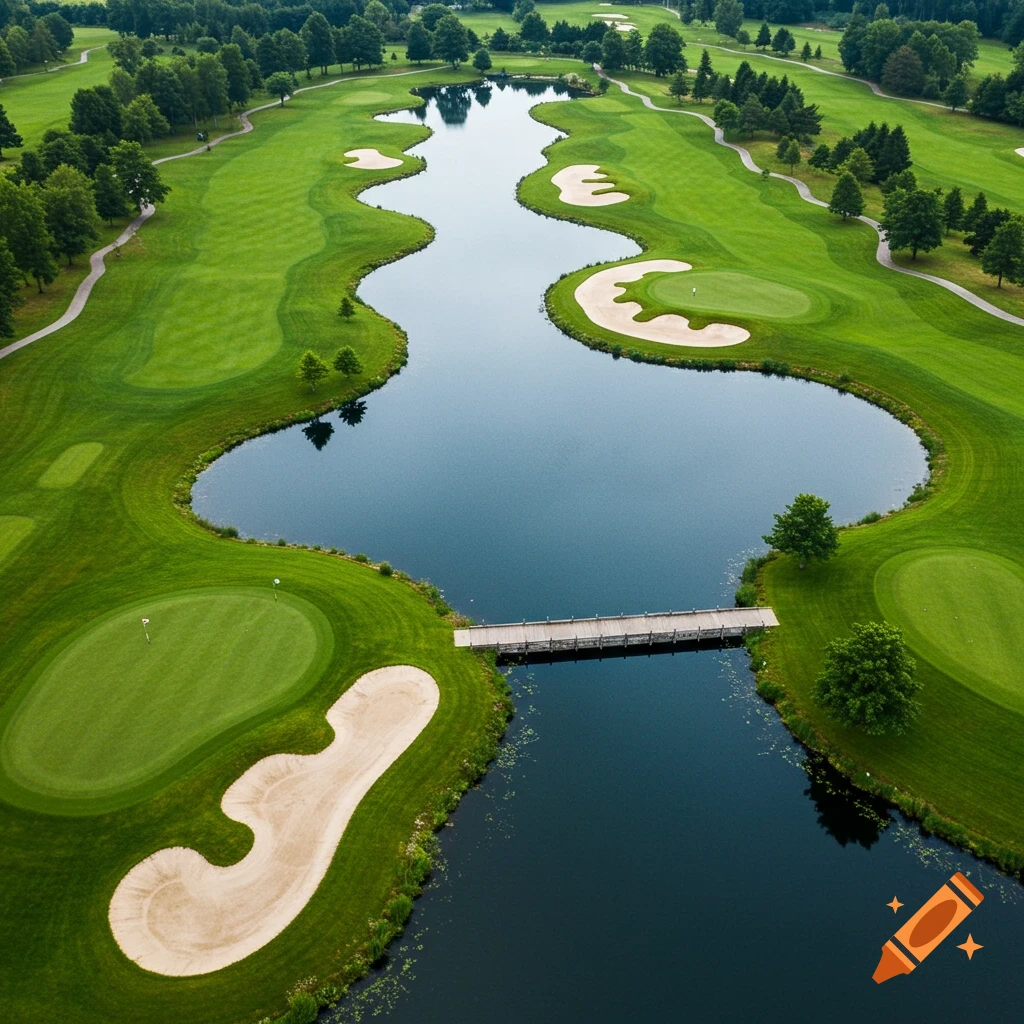 Aerial view of a golf course featuring a winding water hazard, sand traps, and greens.