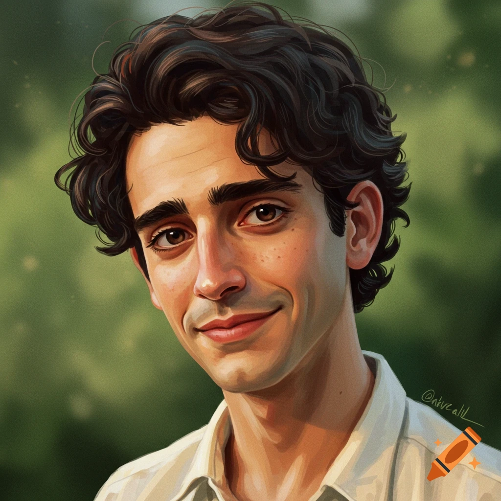 A portrait of a young man with curly brown hair smiling against a green background.