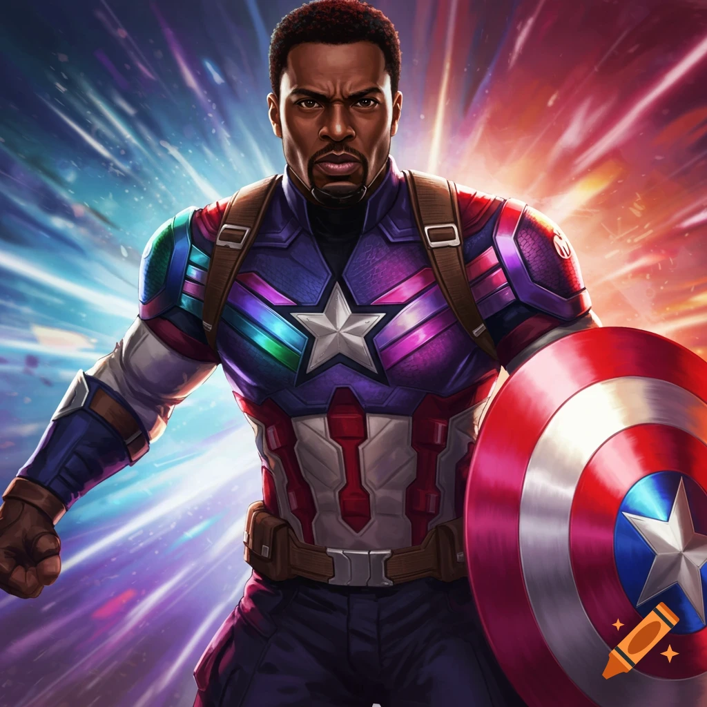 Black Captain America in a rainbow suit holding his shield.