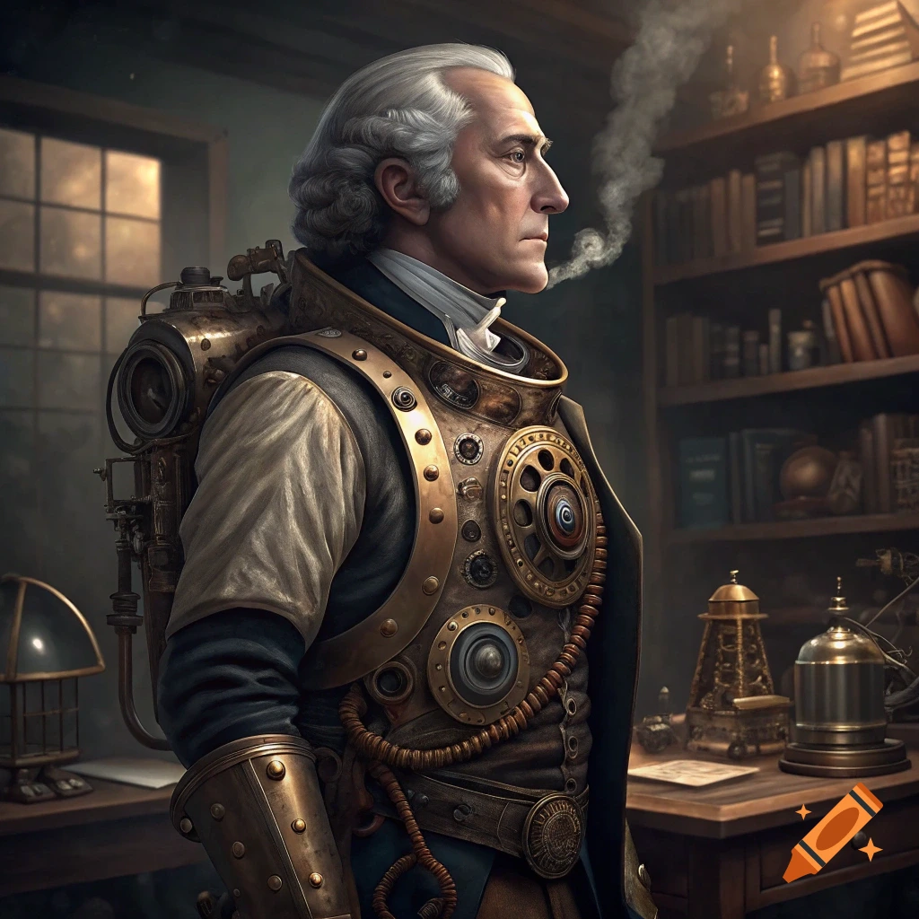 Man with white hair wearing a steampunk exoskeleton in a study