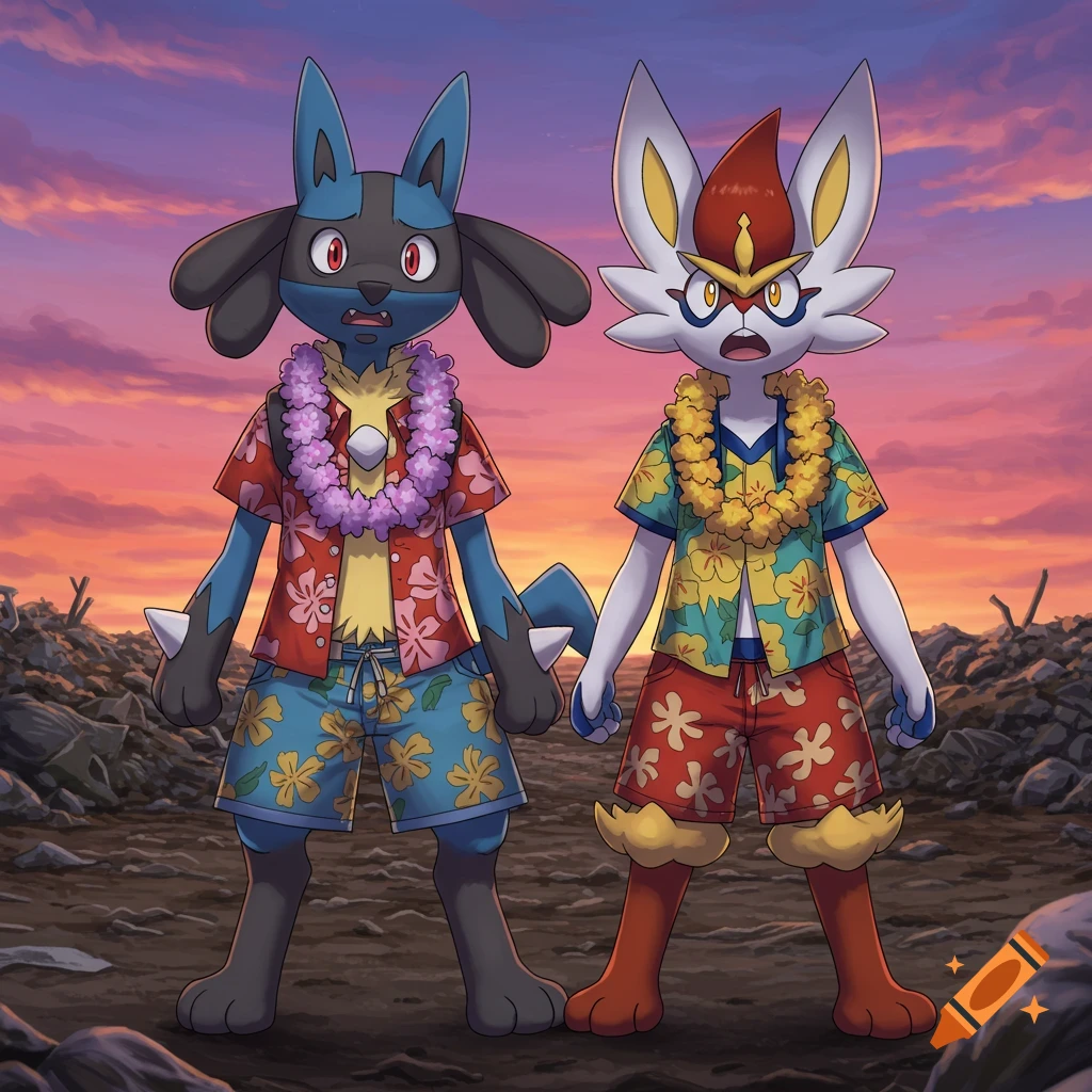 Lucario and Cinderace wearing Hawaiian outfits stand terrified in a trash-filled area at sunset, anime style