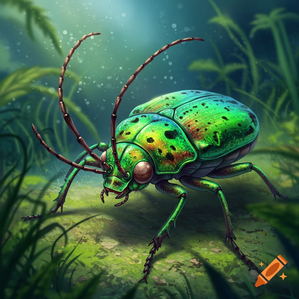 A detailed image of a vibrant green beetle in a forest setting.