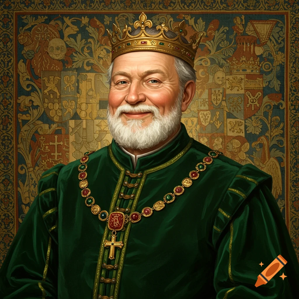 A kindly king or duke in green robes and a gold crown before a tapestry.