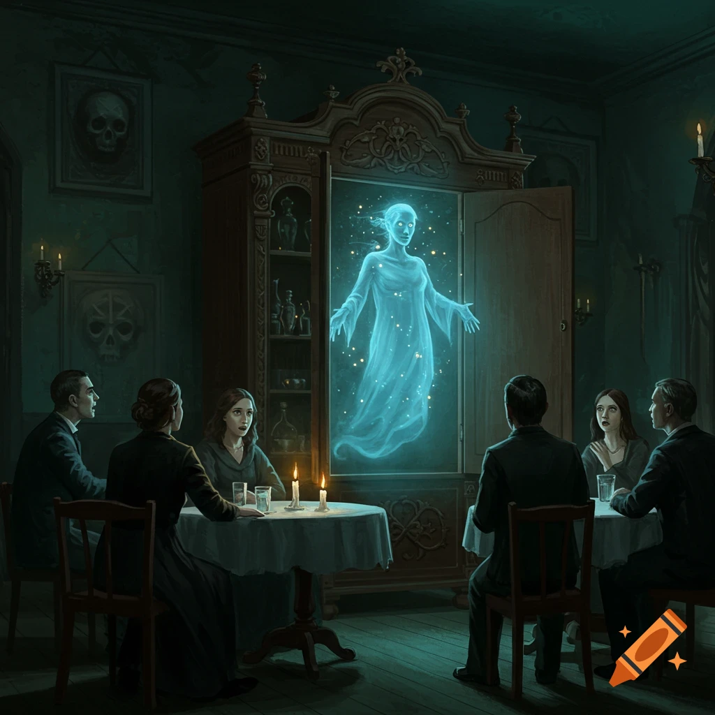 People at a seance watching a glowing ghost emerge from a cabinet.