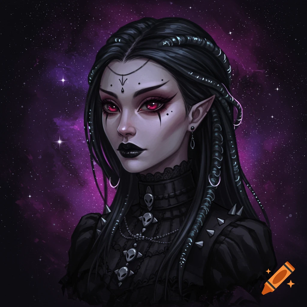 An alien goth woman with red eyes and dark hair is depicted against a space background.