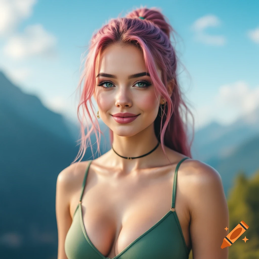 Woman with pink hair in a green bikini top smiles outdoors with mountains in the background.