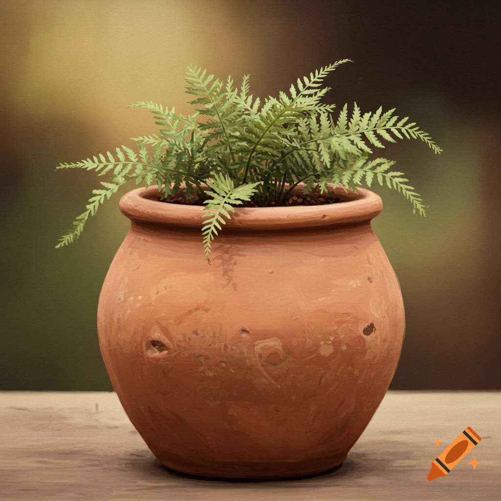 A fern plant in a terracotta pot.
