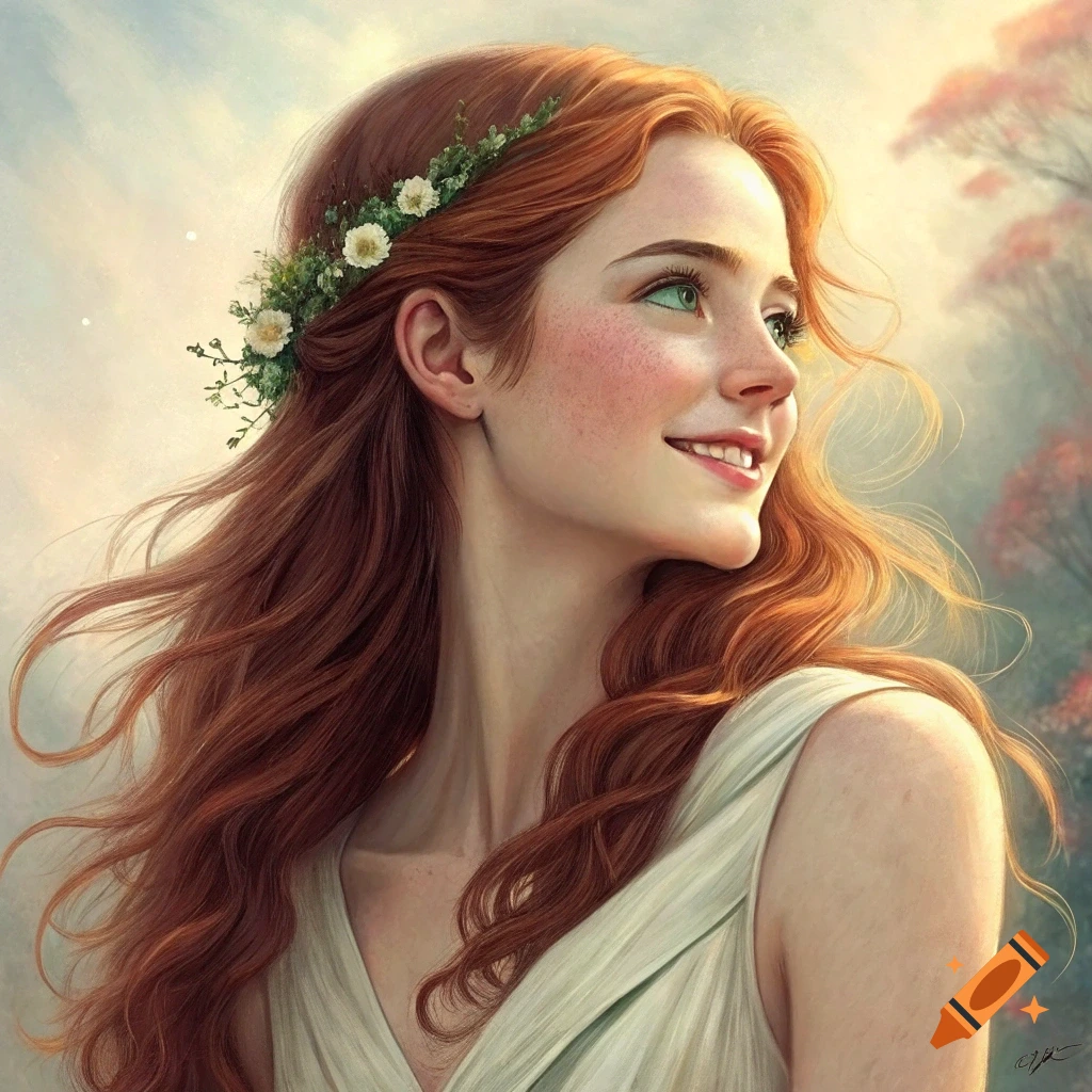 Portrait of a young woman with red hair and green eyes wearing a flower crown, smiling in an outdoor setting.