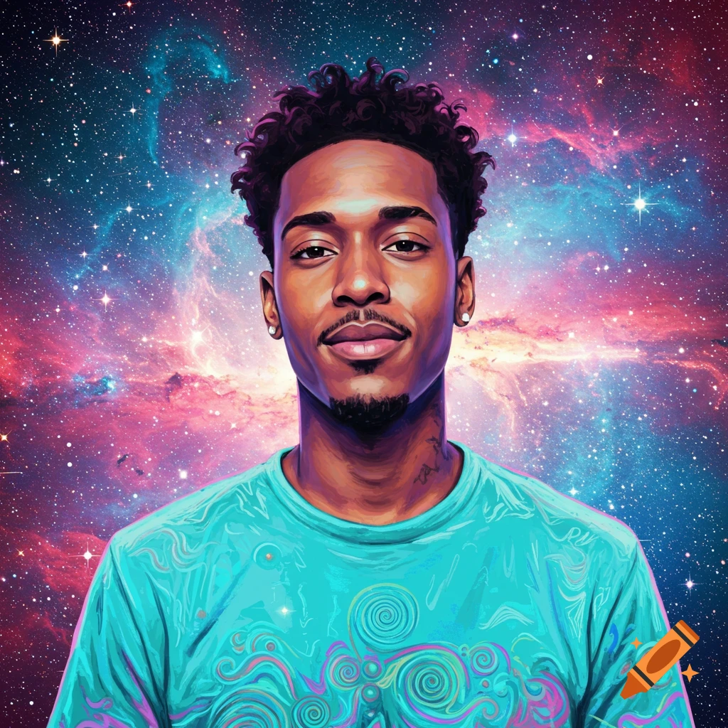 Portrait of a Black man with a space background.