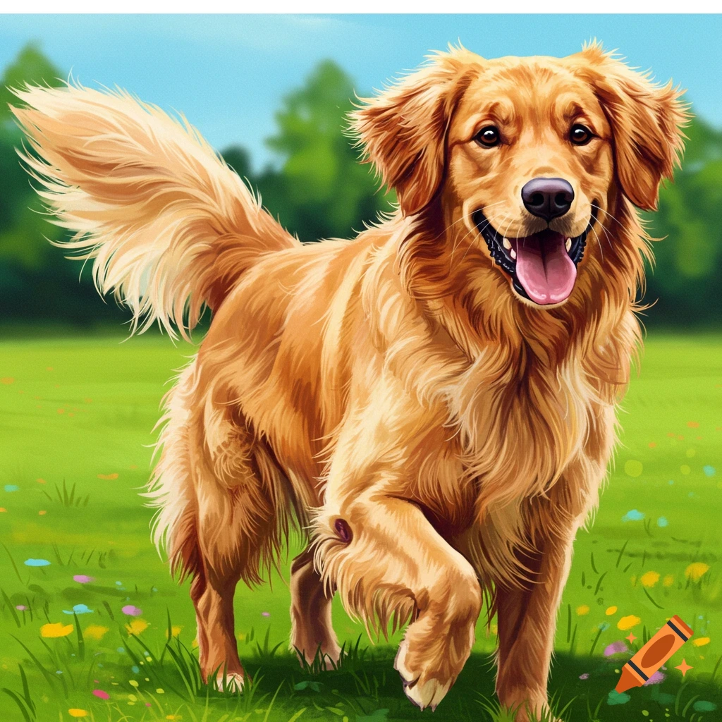 A happy golden retriever dog standing in a field of grass and flowers.