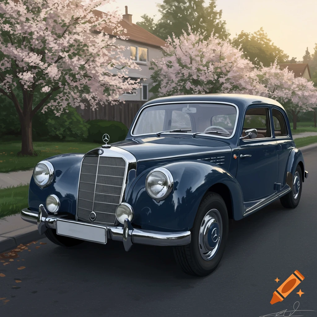 Blue classic Mercedes-Benz car parked on a street in front of a house with cherry blossom trees.