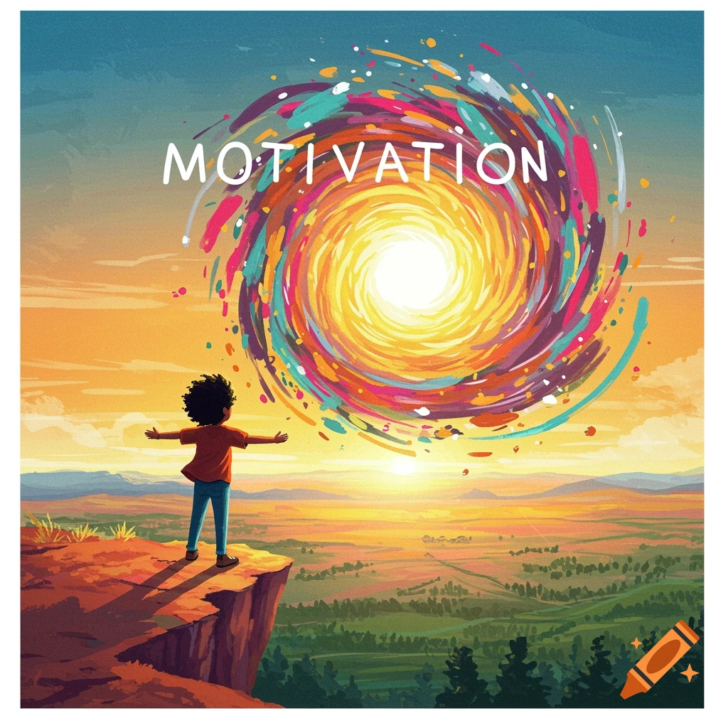 A person stands on a cliff, looking out at a landscape. Above them is a colorful swirling vortex, and the text reads 'MOTIVATION'.