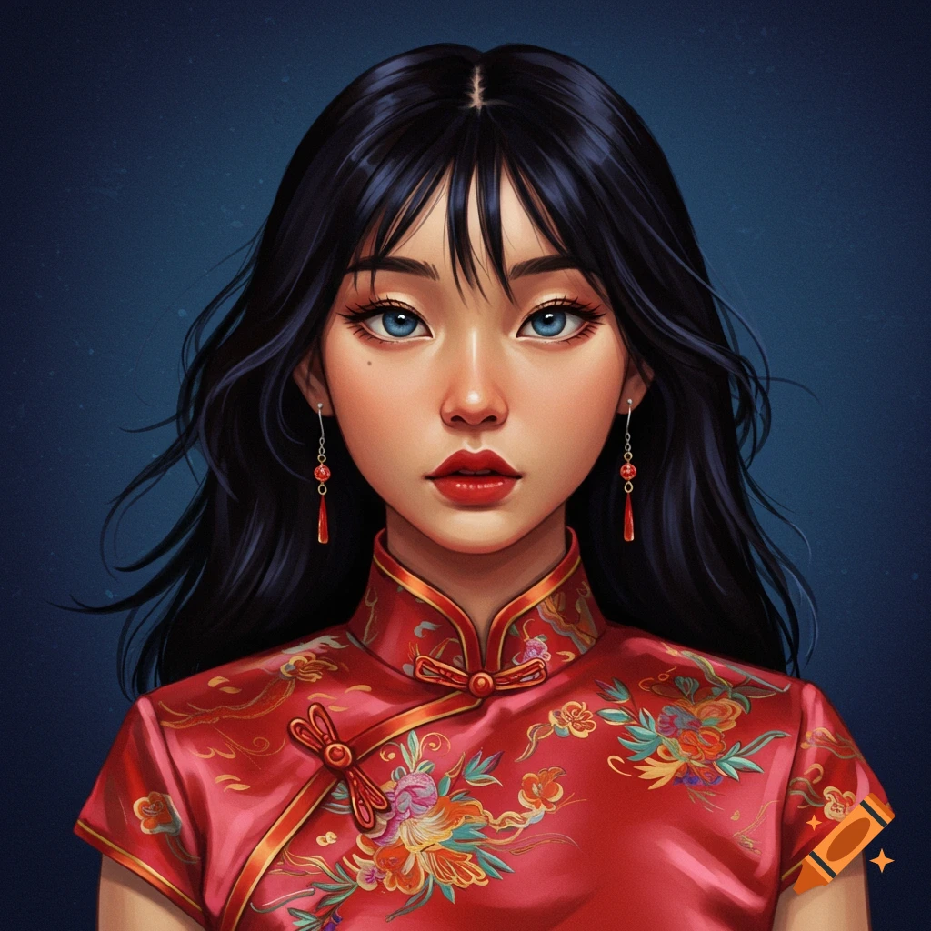 Portrait of a young woman with black hair and blue eyes wearing a red traditional dress.