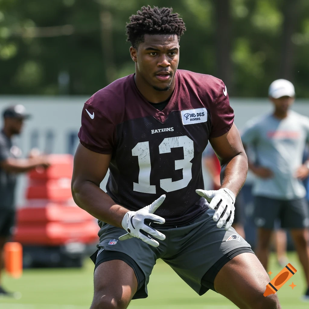 An American football player in a maroon jersey with the number 13, in a training pose on a field.