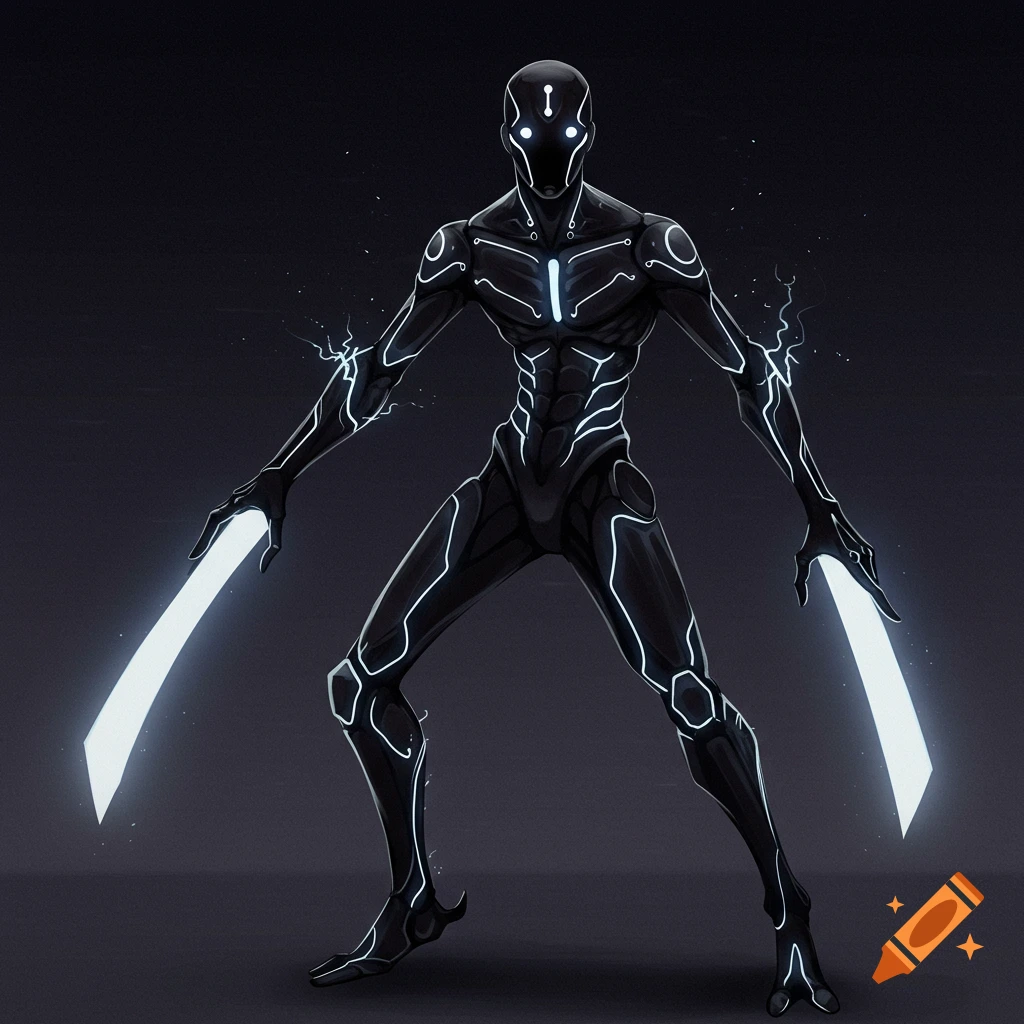 A black humanoid figure with glowing white lines and eyes holds two glowing blades in a digital illustration.