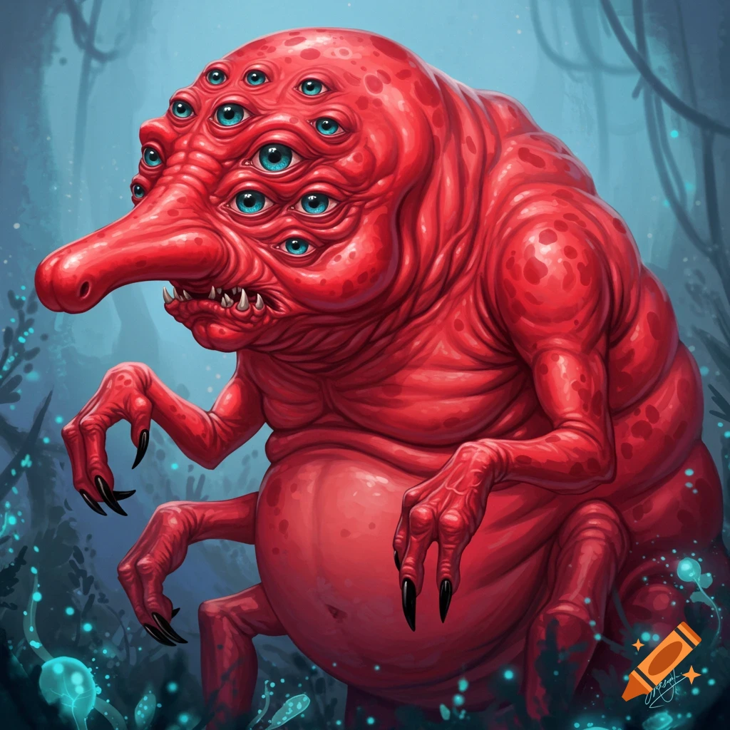 A red alien creature with many blue eyes and a long nose
