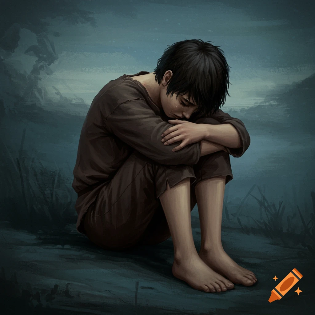 A sad boy sitting and hugging his knees, looking down with tears.