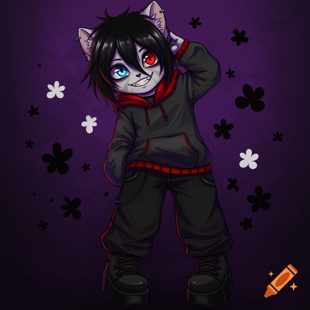 Anime style cat-person character with heterochromatic eyes wearing a hoodie and platform shoes