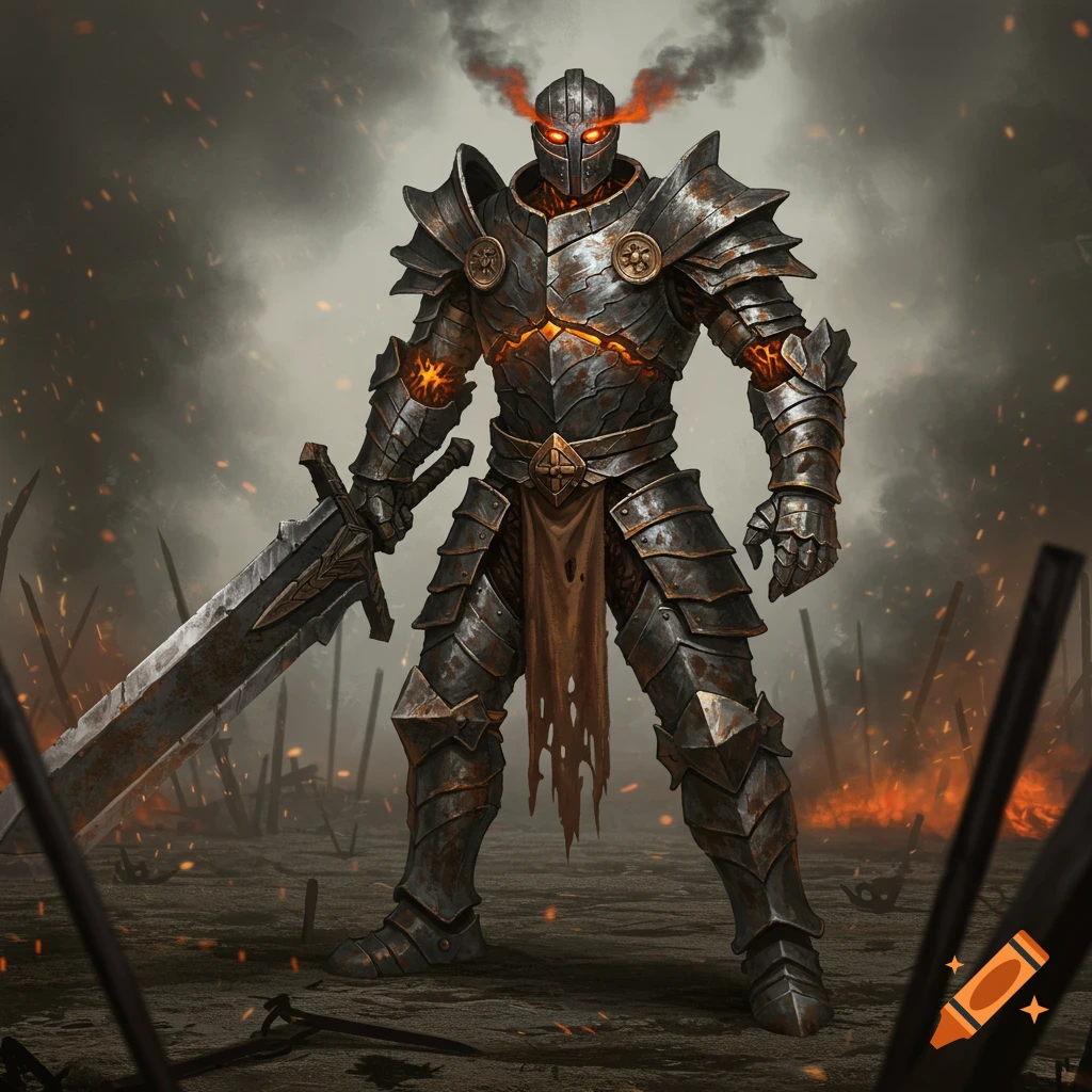 Armored knight with glowing eyes stands in a smoky battlefield with a large sword.