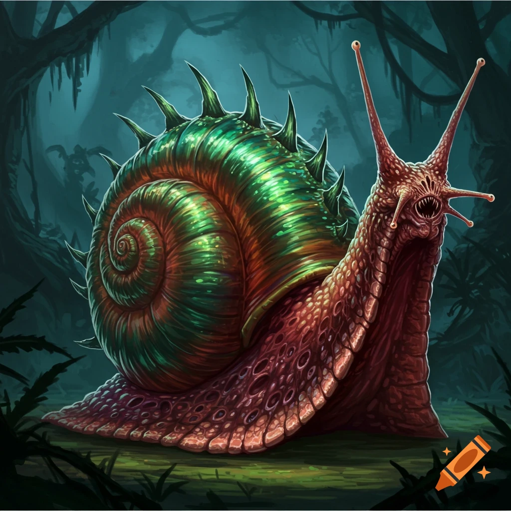 A giant, spiky monster snail with sharp teeth in a dark forest.