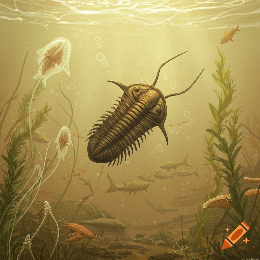 A trilobite swimming in an ancient ocean with other prehistoric marine life.