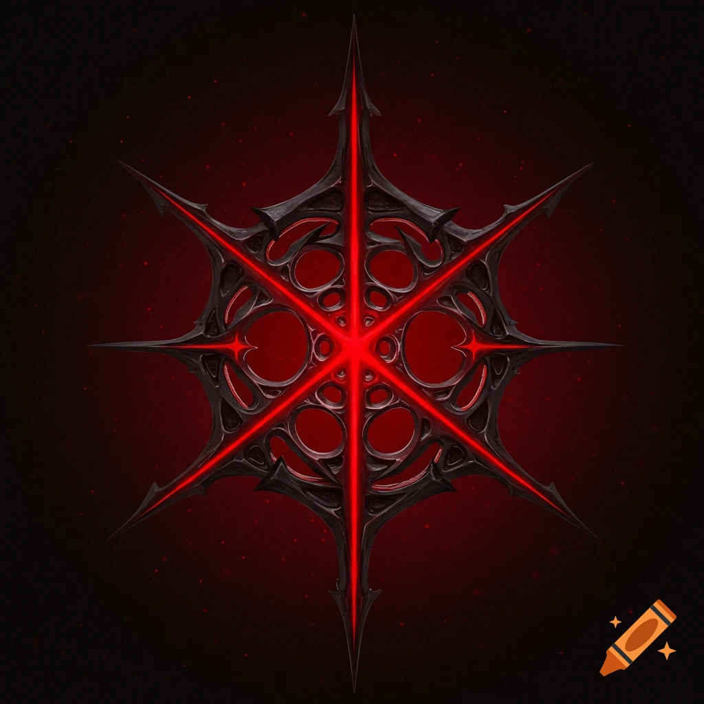 A dark, symmetrical abstract symbol with red glowing lines and spikes on a dark red background.