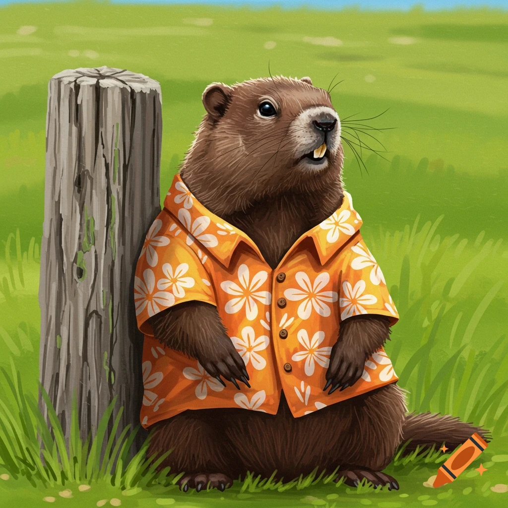 A woodchuck wearing an orange Hawaiian shirt leaning against a fence post in a field.
