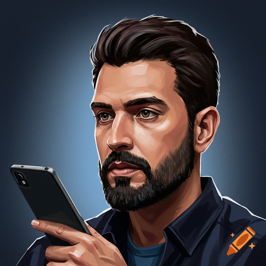 A man with a beard looking intently at a smartphone.