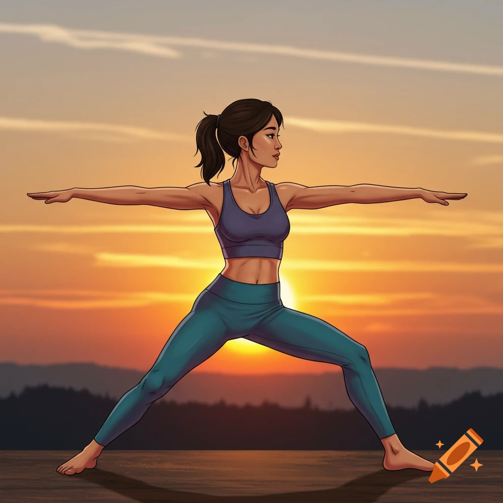 Painting of a woman doing Warrior II yoga pose at sunset.