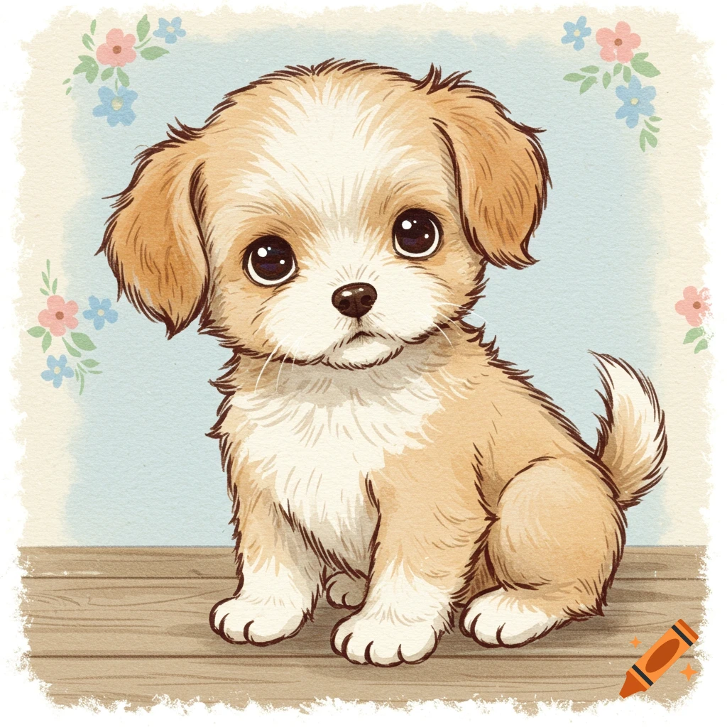 Cute puppy illustration in a retro watercolor style, sitting on a wooden surface with flowers