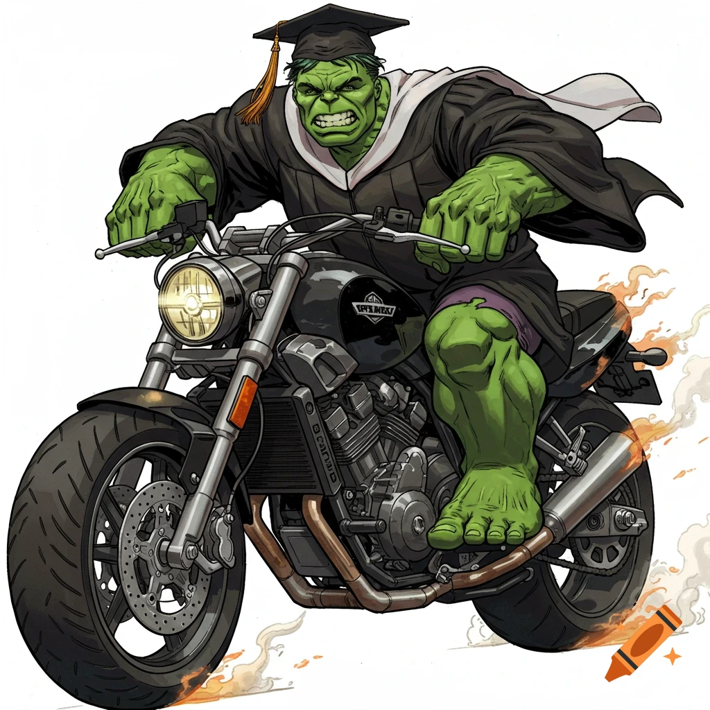 The Hulk in a graduation cap and gown rides a motorcycle.