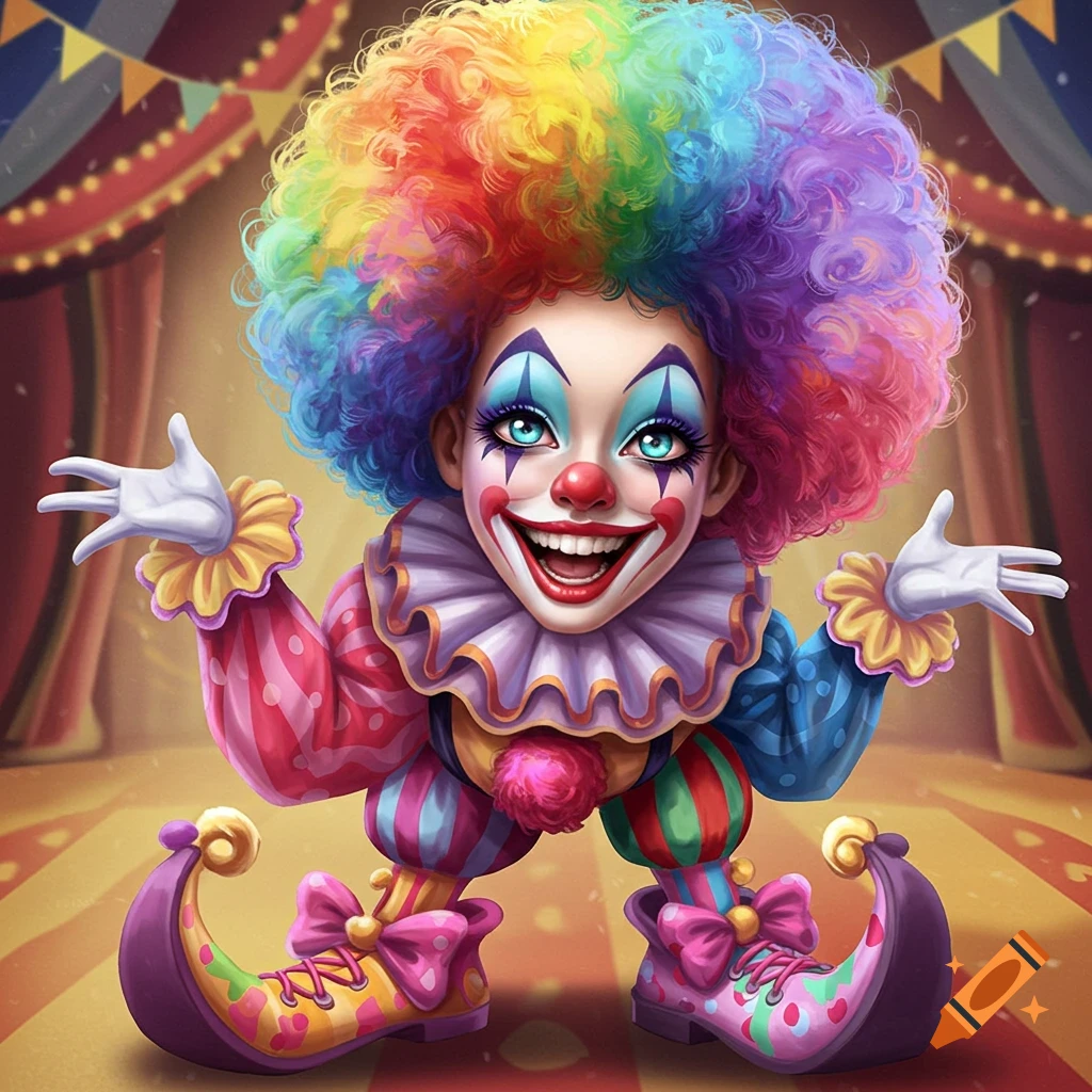 A colorful, cheerful female clown with a rainbow afro wig smiles in a circus tent.