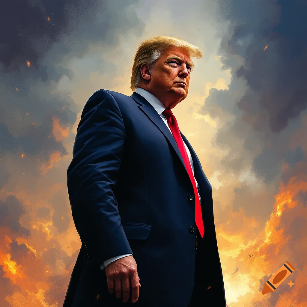 Donald Trump in a suit against a dramatic sky filled with smoke and fire.