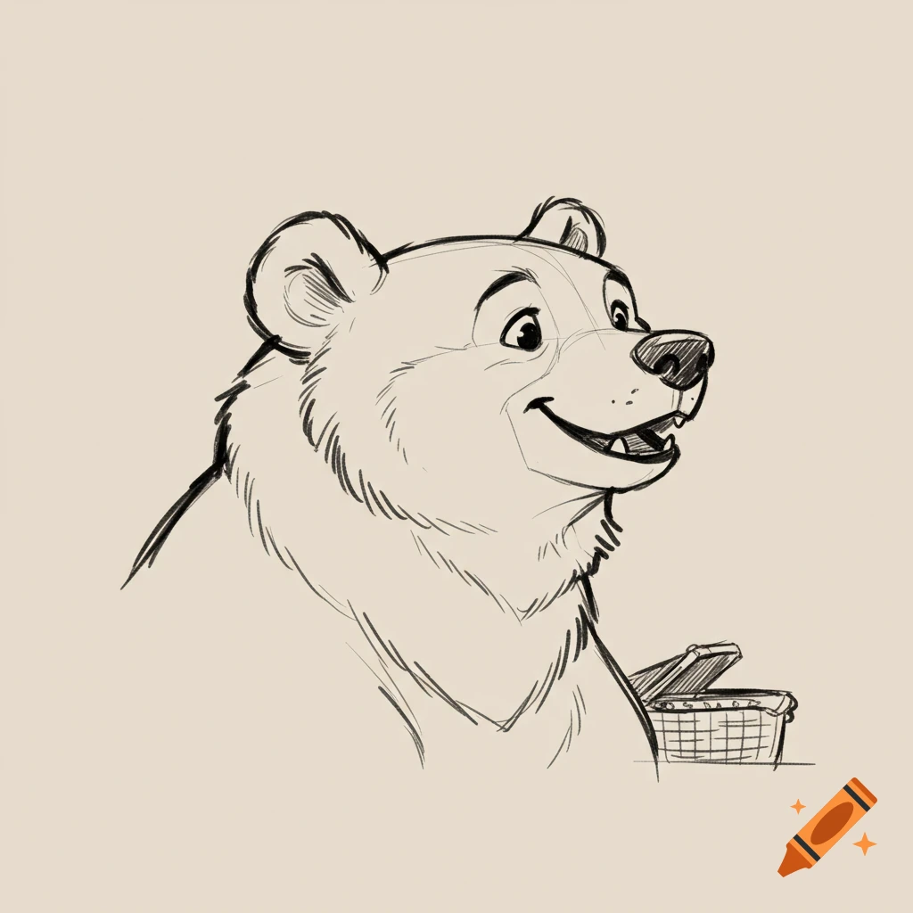 Sketch of a cartoon bear looking sideways next to a picnic basket