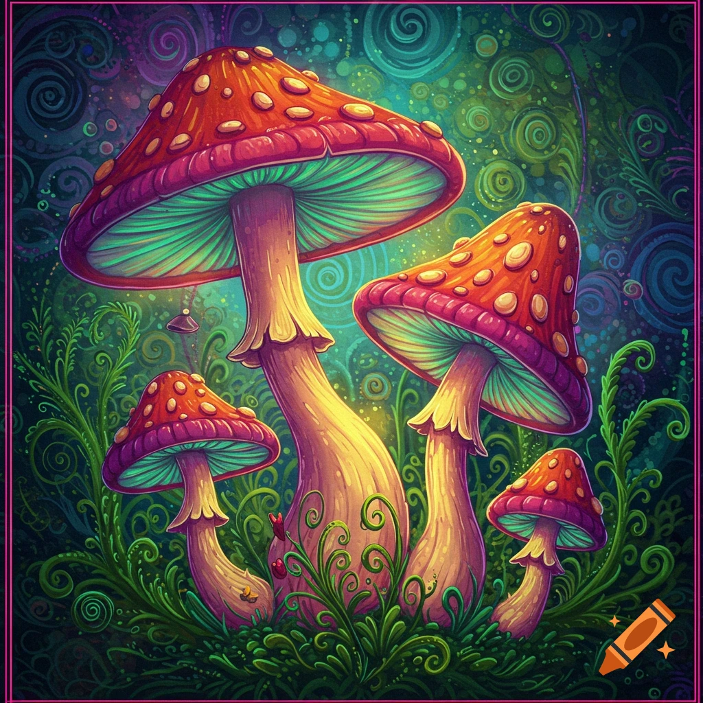 Whimsical red and blue mushrooms in a forest with swirling green plants
