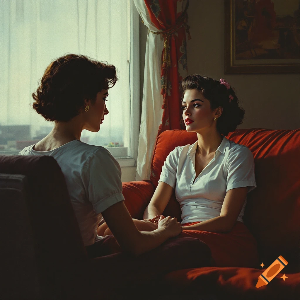 Two women in 1950s style sitting on a couch, looking at each other.