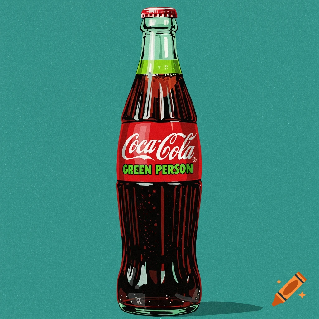 Coca-Cola bottle with 'Green Person' on the label against a teal background.