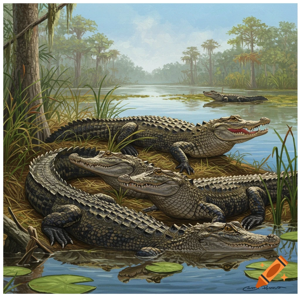 Several alligators are resting on the bank and swimming in a swampy river.
