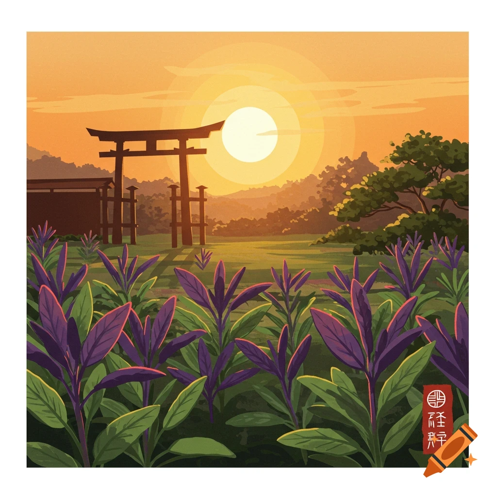 Japanese landscape with a torii gate, purple and green plants, and a sunset.