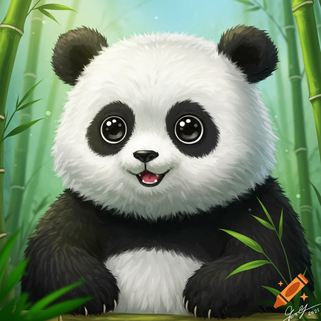 A cute baby panda smiling in a bamboo forest.