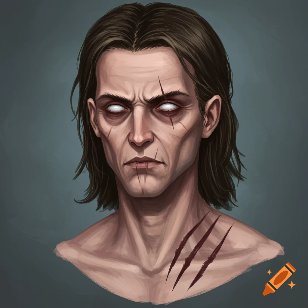 Portrait of a man with white eyes and scars on his face and neck.