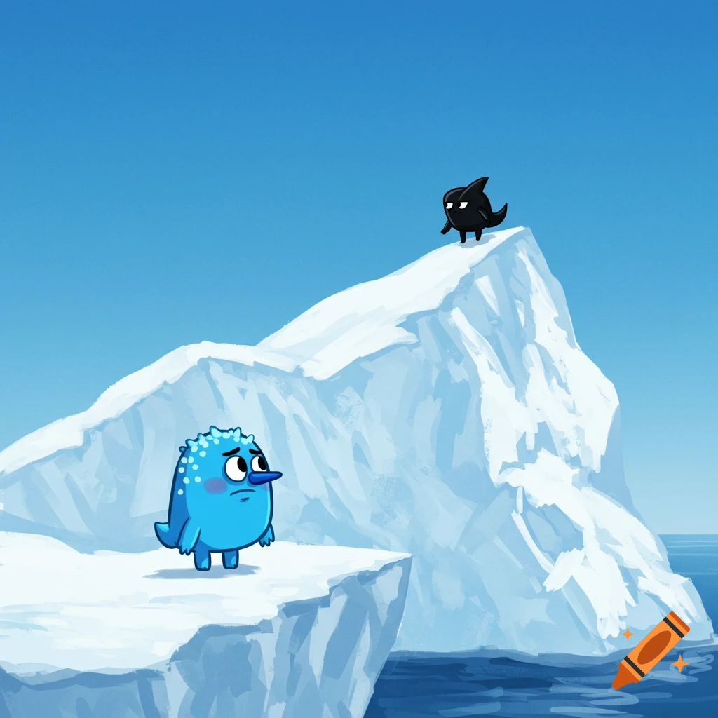 A blue cartoon monster looks up at a black cartoon monster on an iceberg.